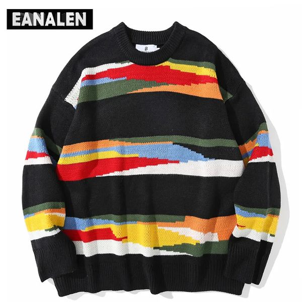 Kadın Sweaters Harajuku Vintage Gökkuşağı Çizgili Örme Kazak Erkekler Kış Kış Büyük Boyutlu Erkekler Kaya Büyükbabası Külotu Kadın Jumper Çirkin Sweater 231031