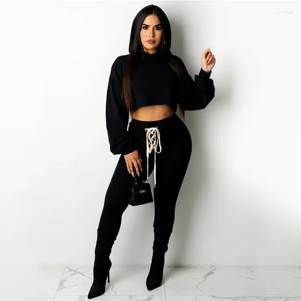 Damen Zweiteilige Hose WJFZQM Langarm Hoodie Bandage Crop Top Anzüge Schwarz Passende Sets Herbst Casual 2 Trainingsanzug Damen Outfits