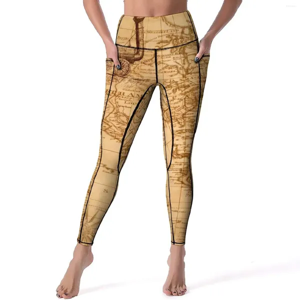 Leggings da donna Bella vecchia mappa Pantaloni da yoga fitness retrò sexy Collant sportivi elastici a vita alta Tasche Leggins dal design Kawaii