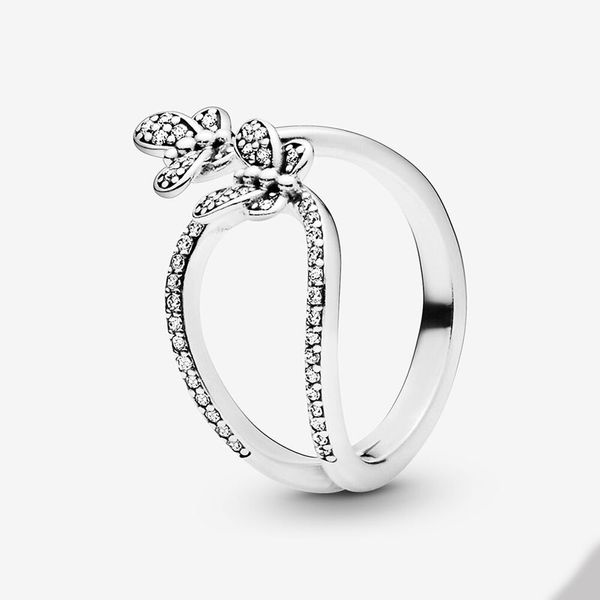 Anel aberto de borboleta espumante para Pandora autêntica esterlina Silver Wedding Designer Rings Jóias para Mulheres Namorada Presente CZ Diamond Ring With Caixa Original Conjunto