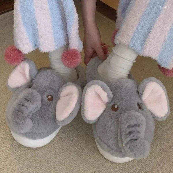 Chinelos inverno quente grosso-sola casa peludo flip flop antiderrapante sapatos de algodão macio menina dos desenhos animados de pelúcia mulheres bonito elefante