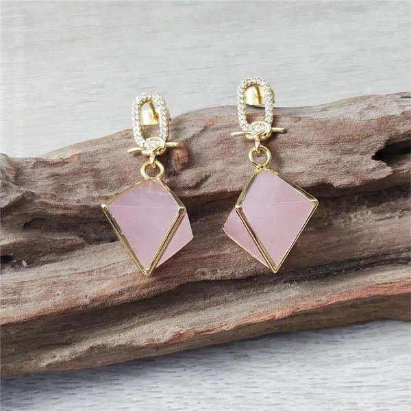 Orecchini pendenti FUWO All'ingrosso Zircone cubico Quarzo rosa Placcato dorato Piramide Cristallo rosa sfaccettato Gioielli 5 paia/lotto ER476CZ