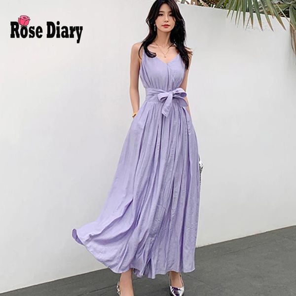 Abiti casual RoseDiary Donna Estate Cinturino per spaghetti Una linea Midi Abito lungo in tinta unita Scollo a V Vacanza al mare Abiti eleganti con fasce