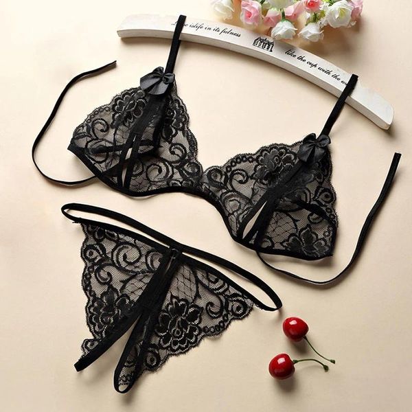 Reggiseni Set Lingerie sexy aperta Reggiseno di pizzo trasparente Crotchless Panty porno Perizoma di perle Biancheria intima impertinente Costume erotico Due pezzi QOIM