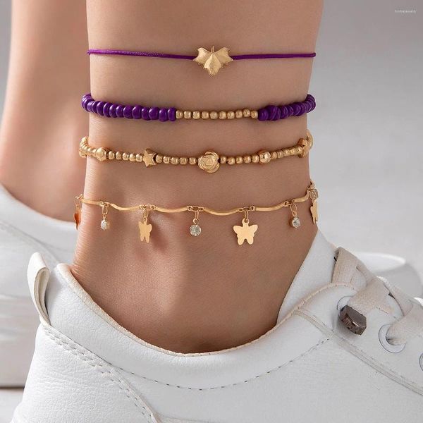 Fußkettchen Koreanische Mode Fußkettchen Set Für Frauen Schmetterling Kristall Stein Geometrische Mehrschichtige Fuß Kette Schmuck 25144