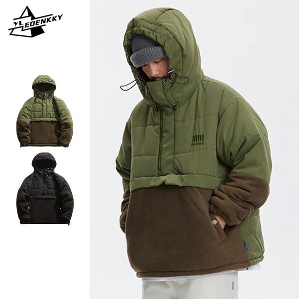 Casacos de algodão com capuz de inverno de pele falsa masculina mulheres bordado padrão engrossado fluff parkas harajuku solto retalhos pulôver unisex 231101