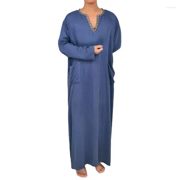 Homens sleepwear wenam algodão robe kaftan thobe túnica peregrino camisa com bolsos de alta qualidade preto loungewear vestido de noite