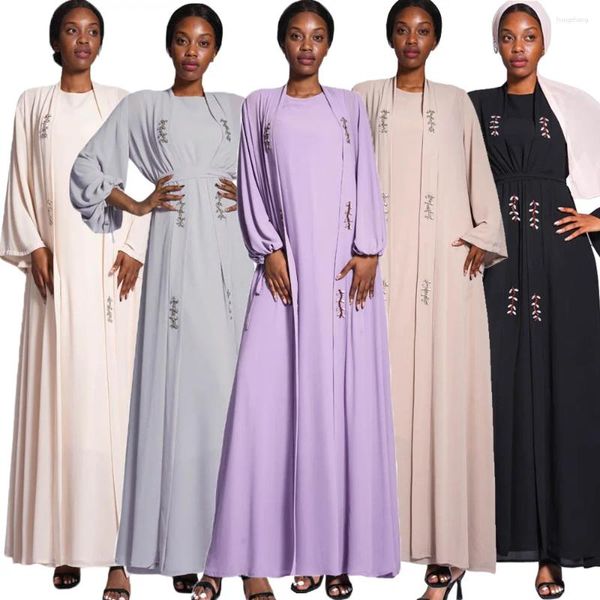 Abbigliamento etnico Aperto Abaya Diamanti di lusso 2 pezzi Donne musulmane Kimono Abito maxi interno Set Dubai Caftano Turchia Abito arabo Marocco Jilbab