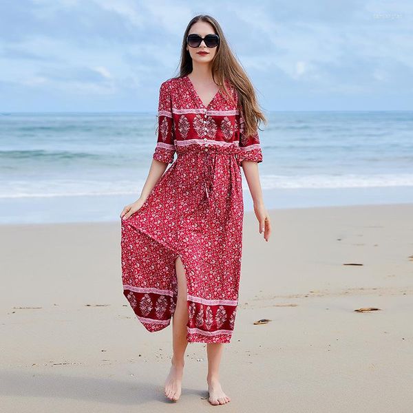 Lässige Kleider Bohemian V-Ausschnitt Urlaub am Meer Großer Schaukelrock Damengröße Blumenbrustkleid Split Großhandel Maxi