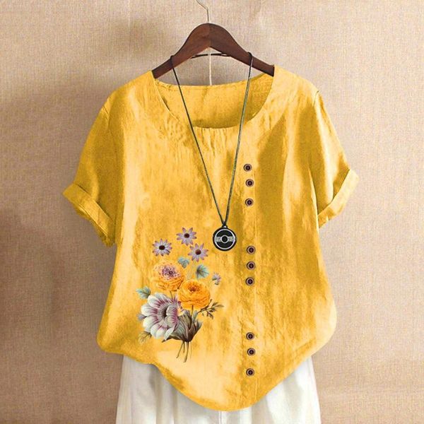 Blusas femininas de algodão linho para mulheres verão manga curta pulôver camisas bordado floral impressão harajuku solto blusas mujer