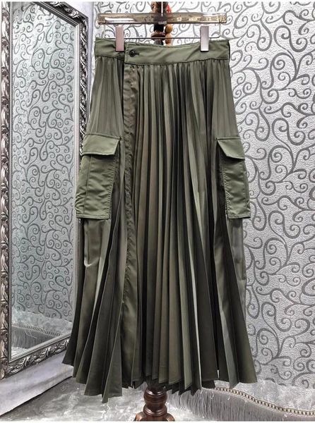Юбки, длинная юбка высшего качества, 2023, осенне-зимний стиль, женские, с большим карманом, в стиле пэчворк, на пуговицах на талии, повседневные, зеленые, синие, плиссированные