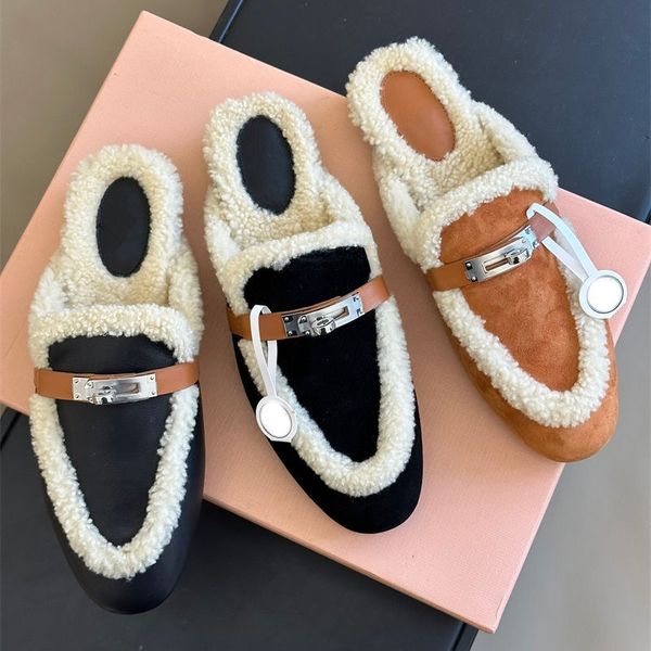2023 Mulheres Vestido de Inverno Sapatos Designer Sandálias Top Quality Sheepskin Lã Clássicos Fivela Salto Plano Chinelos Designers de Moda Sapato Quente Chinelo Confortável