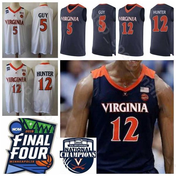 NCAA 2019 Final Four Champions College 12 DE ANDRE HUNTER Trikots Herren Virginia Cavaliers 5 KYLE GUY Navy Blue White University Uniform