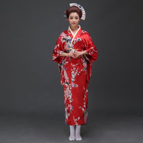 Abbigliamento etnico Rosso Vintage Kimono da donna giapponese Abito da bagno Yukata in seta finta con abito da ballo Obi Performance Cosplay H0029 230331