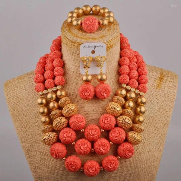 Halskette Ohrringe Set Nigeria Hochzeit Rosa Koralle Runde Perlen Kleid Accessoires Afrikanischer Brautschmuck AU-533