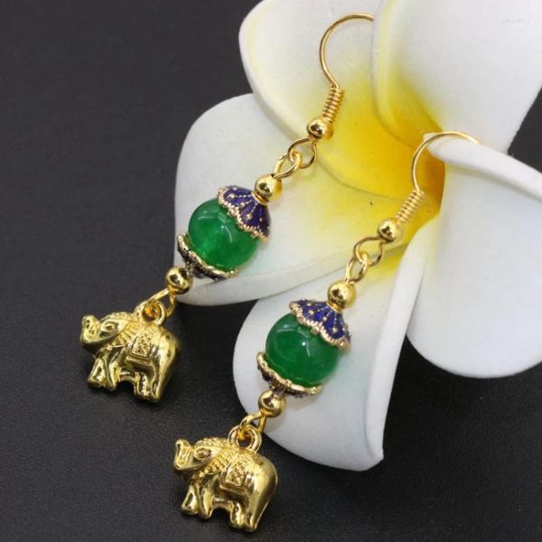 Pendientes colgantes, llegada, salida de fábrica, elefante Simple de color dorado, Calcedonia Verde, joyería fina de gota larga B2620