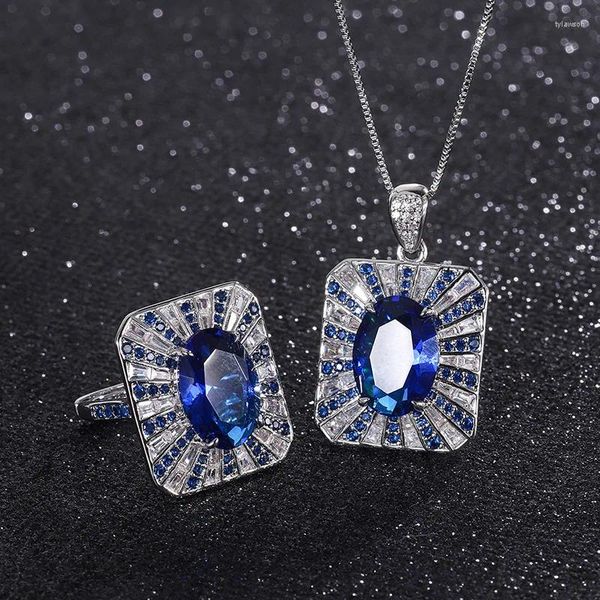 Anéis de cluster Art Deco Vintage Unisex Conjunto de jóias de luxo moda safira azul gem pingente anel para mulheres homens rubi banda colar presente