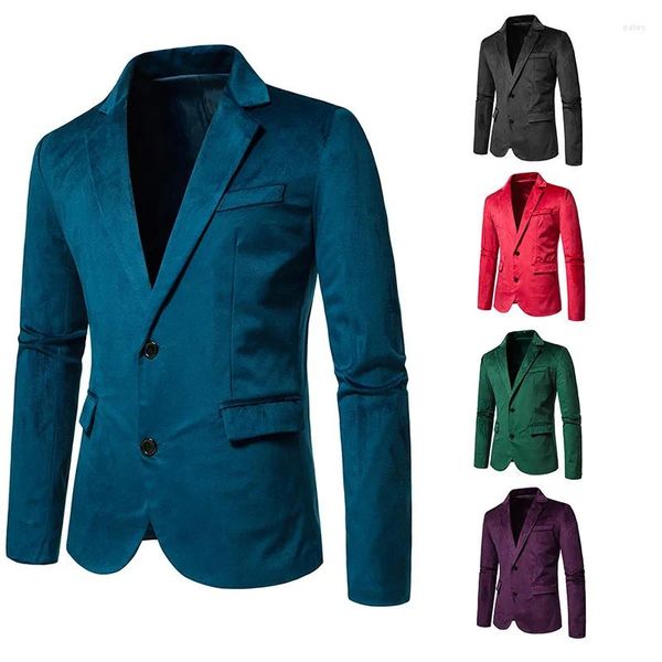 Мужские костюмы 2023, весенний пиджак, бархатный пиджак с v-образным вырезом и 2 пуговицами, зеленый сплошной цвет, верхнее пальто