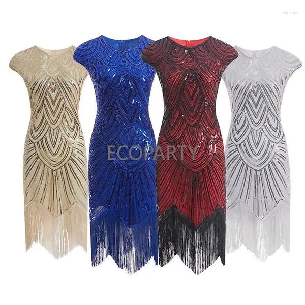 Abiti casual da donna anni '20 vintage Flapper Great Gatsby Party Dress O-Collo Manica con paillettes Frange Midi Estate Art Déco impreziosito