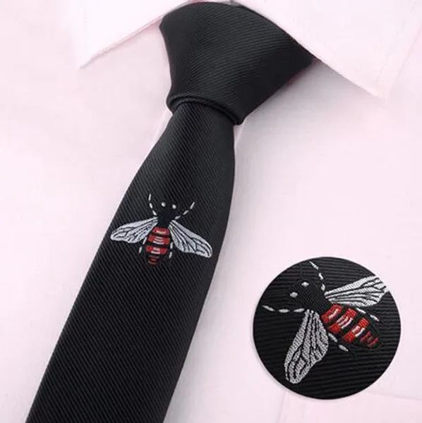 Gravata clássica masculina bordada, desenho de animal, abelha, borboleta, barba, vassoura, skinny, poliéster, gravata casual preta bordada