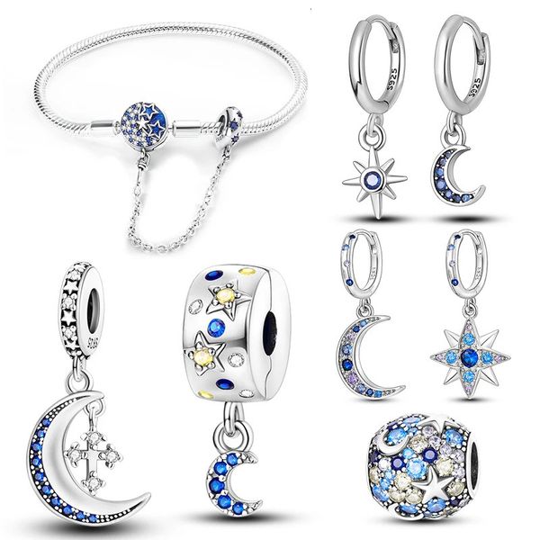 Pulseira brincos colar estrela lua conjunto de jóias para mulheres casamento noivado azul zircônia original 925 prata encantos terno presente 231101