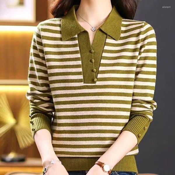 Frauen Pullover Korea Stil V-ausschnitt Druck Gestreiften Chic Mädchen Herbst Gestrickte Pullover Büro Dame Arbeit Mode Frauen Frühling Casual