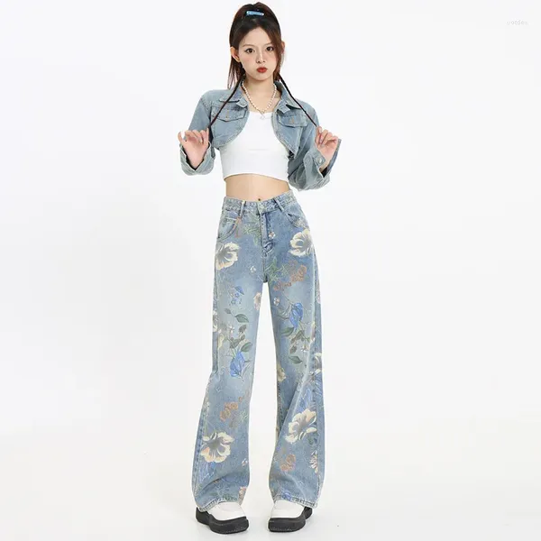 Calças de brim femininas flor impressão cintura alta solta comprimento total calças jeans retas primavera outono chique calças femininas street wear