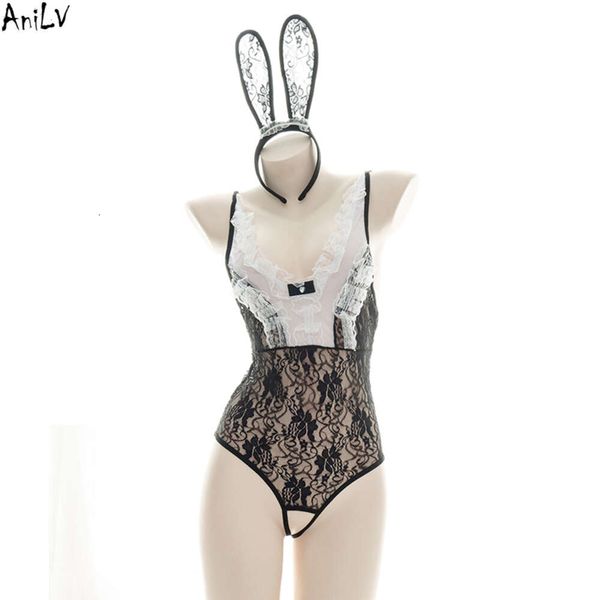 Ani Frauen Sexy Blumenspitze Bodysuit Pamas Kostüme Bunny Girl Ees Badeanzug Uniform Set Party Cosplay Cosplay