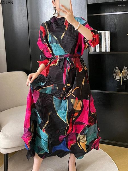 Casual Kleider ANLAN Miyake Falten Falten Kleid Frauen Druck Farbblock Stehkragen Lose Mode Gürtel 2023 Herbst 85KA3519