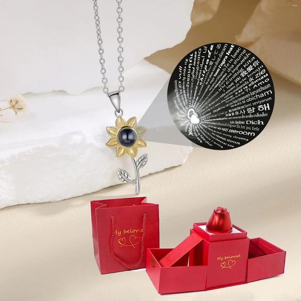 Halskette Ohrringe Set Sonnenblume mit Rose Geschenkbox 100 Sprachen I Love You Anhänger Schmuck für Frauen Freundin 2023 Weihnachten romantisch