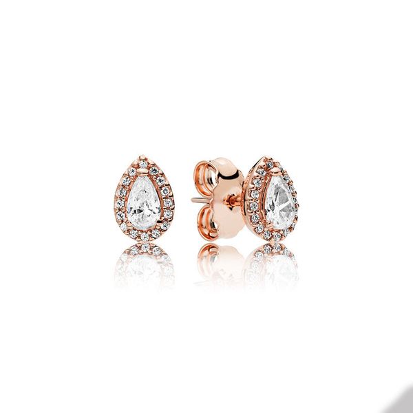 Orecchini a bottone Halo a goccia in oro rosa per Pandora Set di orecchini da sposa in argento sterling 925 per le donne Regalo fidanzata Orecchini con diamanti CZ con scatola originale