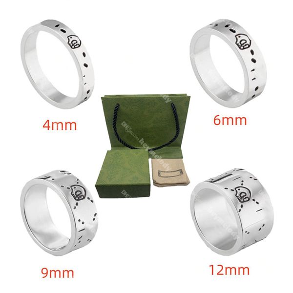 Klassischer Männer-Frauen-Geist-Ring Designer-Liebesringe Geister-Schädel-Luxus-Ring Vergoldeter Vintage-Silber-Buchstabe 4 mm 6 mm 9 mm 12 mm