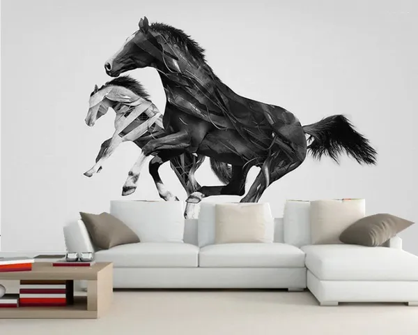 Sfondi Papel De Parede 3d in bianco e nero astratto cavallo carta da parati soggiorno divano tv parete camera da letto carte murali decorazioni per la casa