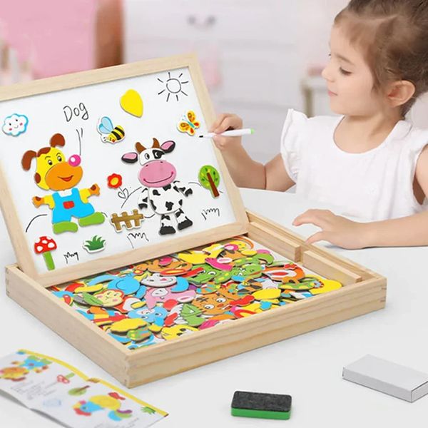 Disegno Pittura Forniture Multifunzione in legno Bambini Animali Puzzle Scrittura Tavolo da disegno magnetico Lavagna Apprendimento Educativo Giocattoli per bambini 231031