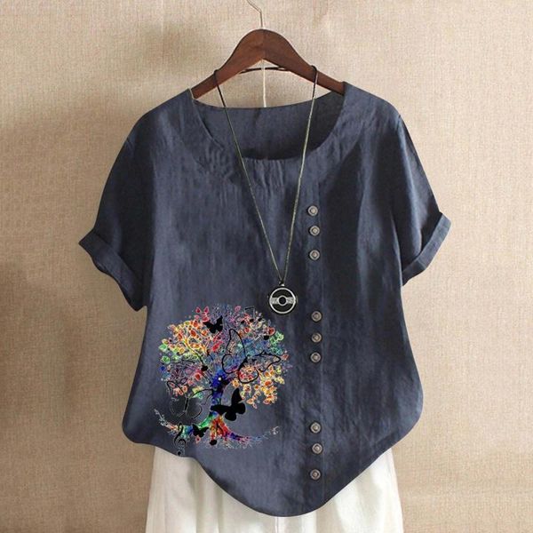 Damenblusen Damen Baumwolle Leinen mit Knöpfen Vintage Kurzarm Lose Tops Shirt Harajuku Cartoon Print Pullover Blusas
