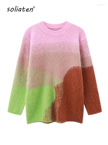 Suéteres femininos gradiente colorido o-pescoço engrossar suéter manga comprida elegante senhora pulôver 2023 chique casual festa alta rua C-238