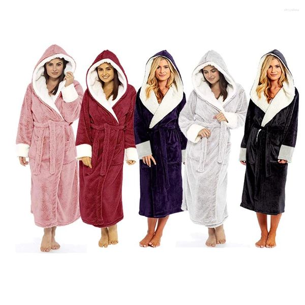 Mulheres sleepwear mulheres roupão alongado pijamas com capuz chuveiro doméstico cor sólida robe outono inverno senhoras roxo l