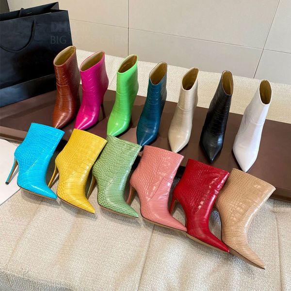 Couro de crocodilo Bota colorida salto pontudo moda stiletto saltos tornozelo botas mulheres de salto alto sapatos de designer de luxo festa amarelo azul marrom vermelho verde rosa 10,5 cm