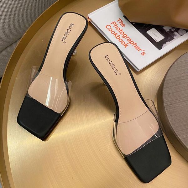 Тапочки 2023 Лето ins Elegant Women Clear Thin High Heels Mules Open Toe Crystal Orange Nude Slides Mujer Party Shoes