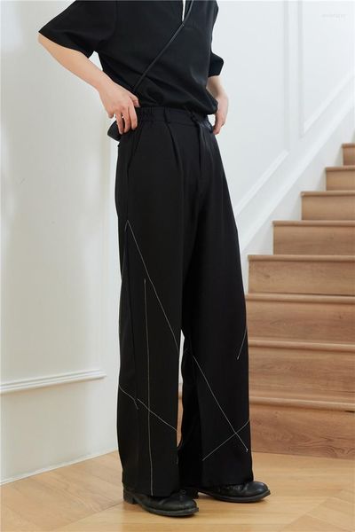 Erkek Suit 2023 Bahar Sıradan Kadın Giyim Erkekler Vintage Gevşek Pantolon Parlak Çizgi Dekoratif Geniş Boy Unisex Siyah Resmi Pantolon M-XL