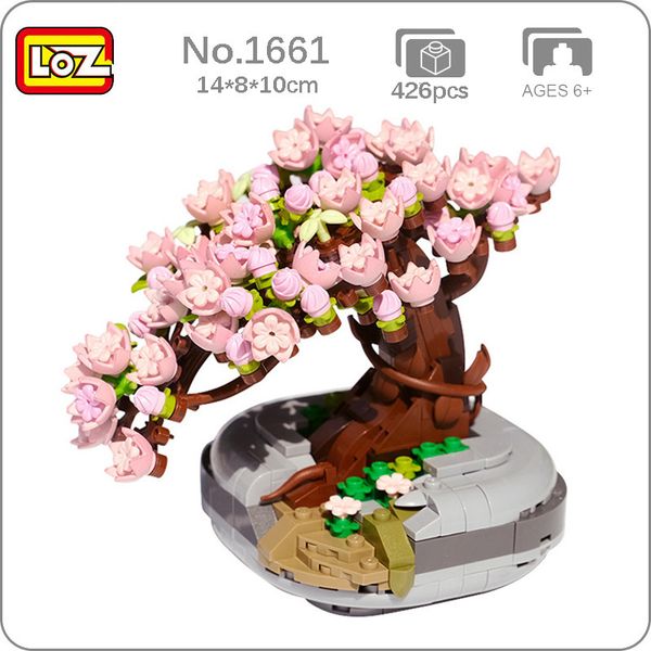 Блоки Loz Eternal Blower Pink Pink Sakura Cherry Tree Pot Pot 3D Model Diy Мини -кирпич.