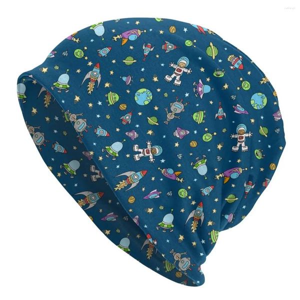 Berets espaço exterior doodle bonnet femme rua malha chapéu para homens mulheres outono inverno quente universo astronauta nave espacial gorros bonés