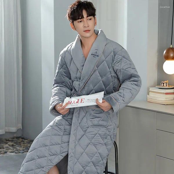 Herren-Nachtwäsche, dick, 3 Schichten, warm, Winter-Bademantel, für Männer, weiche Baumwolle, gesteppt, langer Kimono-Bademantel, männlicher Morgenmantel für Herren, Flanell