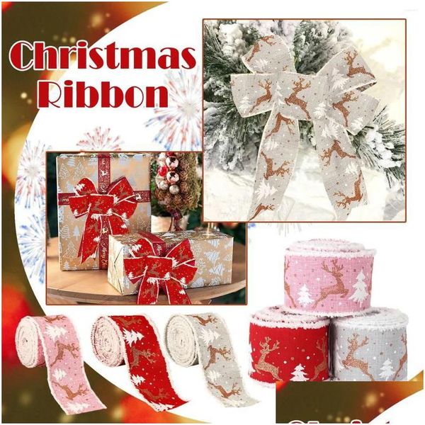 Hediye Sarma Hediye Sarma Takı Dstring Torpası 3 PCS Noel Şerit Kablolu Kenar Süslemeleri 6.5cm Keten Baskılı Elks Kamuflaj Sarmal Dhhml