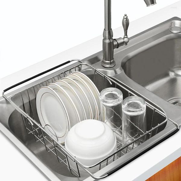 Küche Lagerung Waschbecken Dish Drain Rack Stahl Trocknen Korb Rostfreie Einschichtige Skalierbare Obst Filter Abtropffläche Zubehör