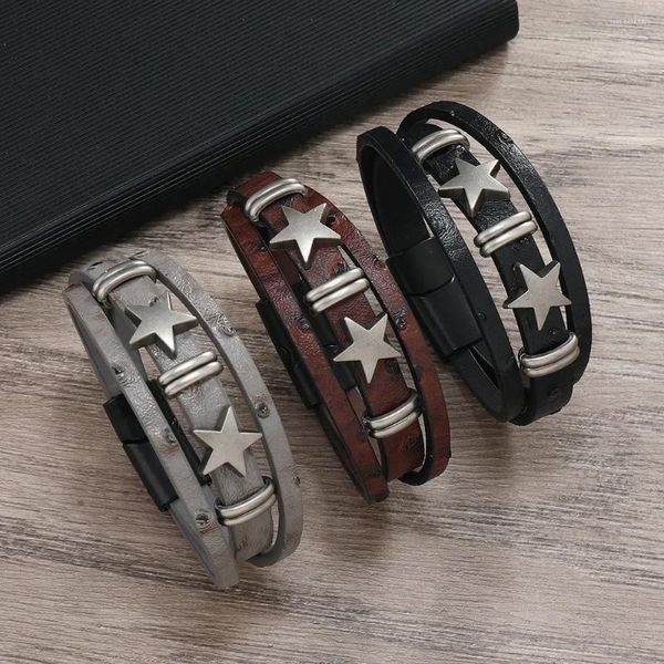 Charm Bilezikler Modaya uygun Vintage Deri Erkekler Yıldız Viking Çok katmanlı örgü ipi Erkek Mücevher Pulsera Hombre