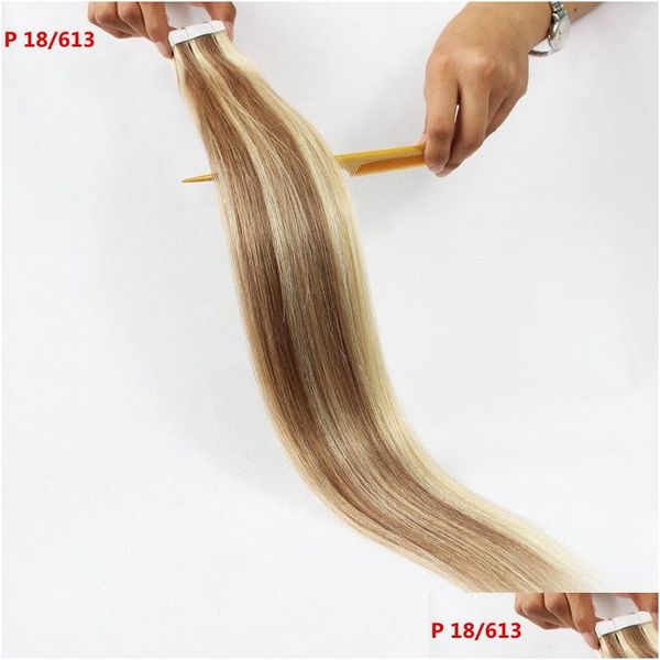 Pele Trama Extensão Do Cabelo Top Quality 200Gr 80 Pcs Cola Pele Trama Pu Fita Em Extensões De Cabelo Humano 14 16 18 20 22 24 Polegadas Índia Brasileira Dhphk