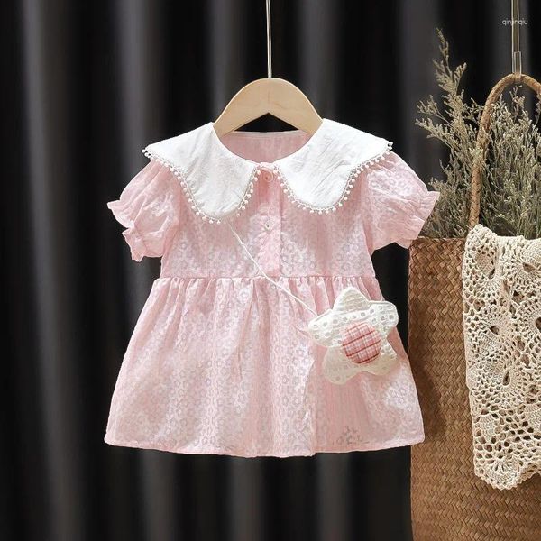 Mädchen Kleider Nettes Kind Baby Sommer Kleid Drehen Unten Kragen Spitze Rand Kurzarm Blumen Druck Vestidos Tasche Kinder Prinzessin