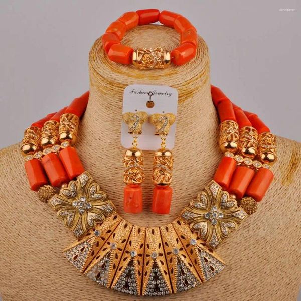 Halskette Ohrringe Set Kurzer Hals Nigeria Hochzeitsschmuck Orange Natürliche Koralle Afrikanische Brautaccessoires AU-476