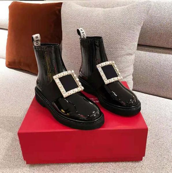 Kadın ayak bileği bot patent patent deri botlar rogerviviers chelsea viv 'deri ayak bileği-boots martens stras kristal süslemeli yuvarlak ayak flats 35-40